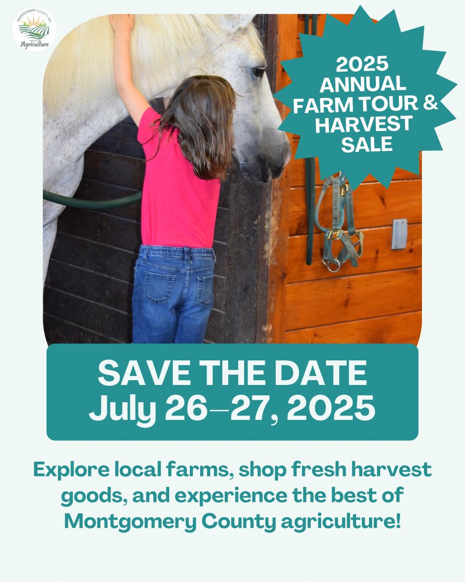 MoCoOAG's tweet image. Save the date! The 2025 Annual Farm Tour & Harvest Sale returns July 26–27. Discover the beauty ofMontgomery County’s Agricultural Reserve—meet farm animals, tour local farms, and shop fresh, locally grown products. A weekend of family fun, food, and farming awaits!