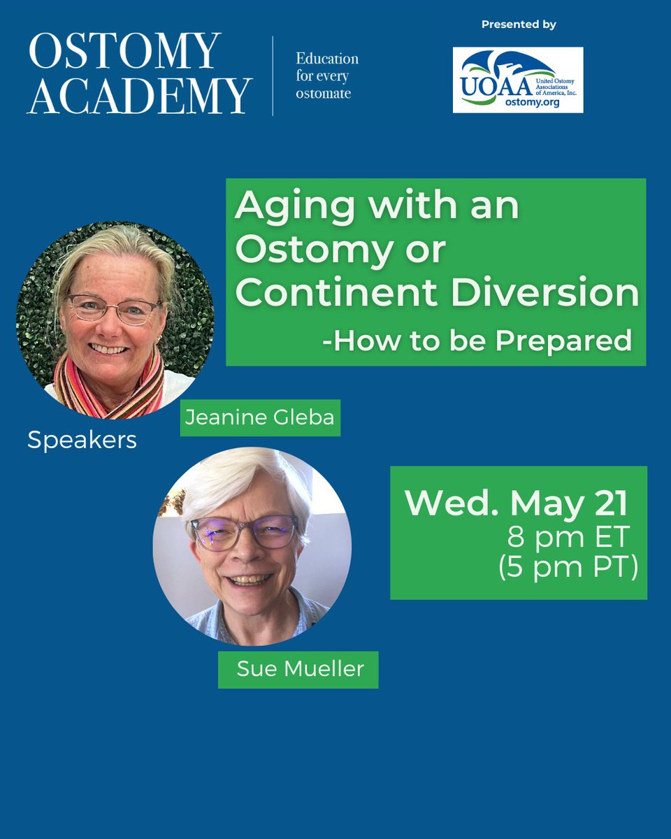 UOAA (@uoaa) on Twitter photo Today is #ostomyacademy! Join us tonight for a great program with <a href="/UOAA_Advocate/">Jeanine Gleba</a> and feel more prepared about the issues you or your patients may face as they age with an #ostomy or #continentdiversion.
ostomy.org/ostomy-academy/ Today is #ostomyacademy! Join us tonight for a great program with <a href="/UOAA_Advocate/">Jeanine Gleba</a> and feel more prepared about the issues you or your patients may face as they age with an #ostomy or #continentdiversion.
ostomy.org/ostomy-academy/