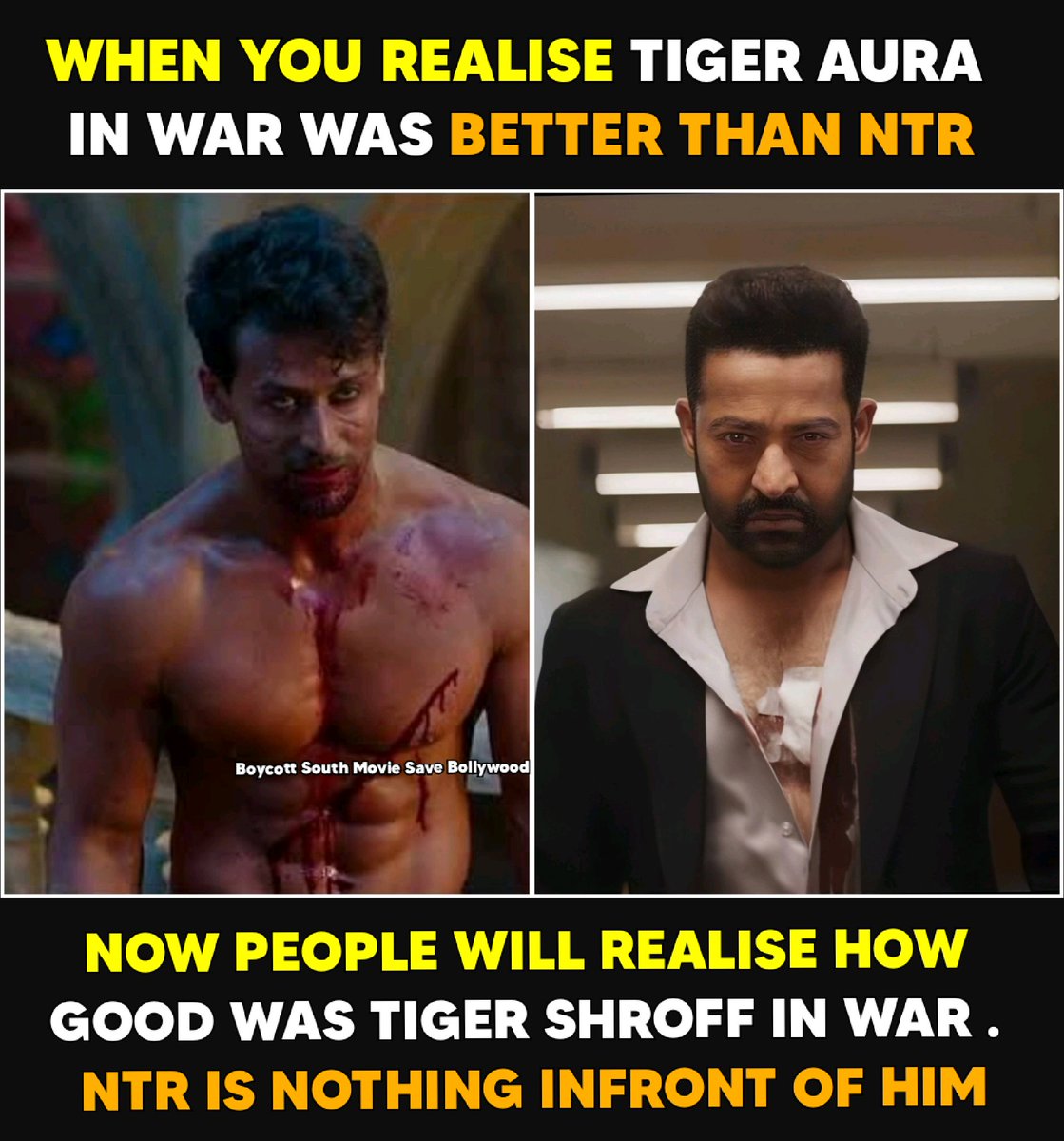 BoycottSouthMov's tweet photo. Now People Will Understand How Good Was Tiger In War , NTR Downgraded All The Fans Expectations 👎🏻

#NTR #HrithikRoshan #War2 #TigerShroff https://t.co/zs4q0dWlNg