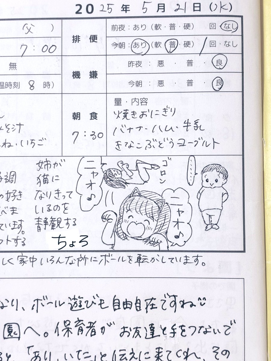 2025.05.21(wed)
1y11m07d
若干引いてた
#連絡帳de育児記録
#育児日記 #育児絵日記 #育児イラスト
#1歳 #2023jun_baby
#ママ垢さんと繋がりたい