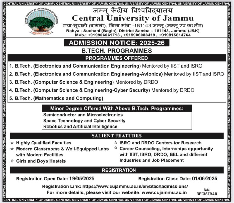 OfficialCuj's tweet photo. Central University of Jammu B-Tech ADMISSION 2025-26
Last date : 01-06-2025
Registration Link: https://t.co/ammcfYnOJ8 https://t.co/dCK9evmMUZ