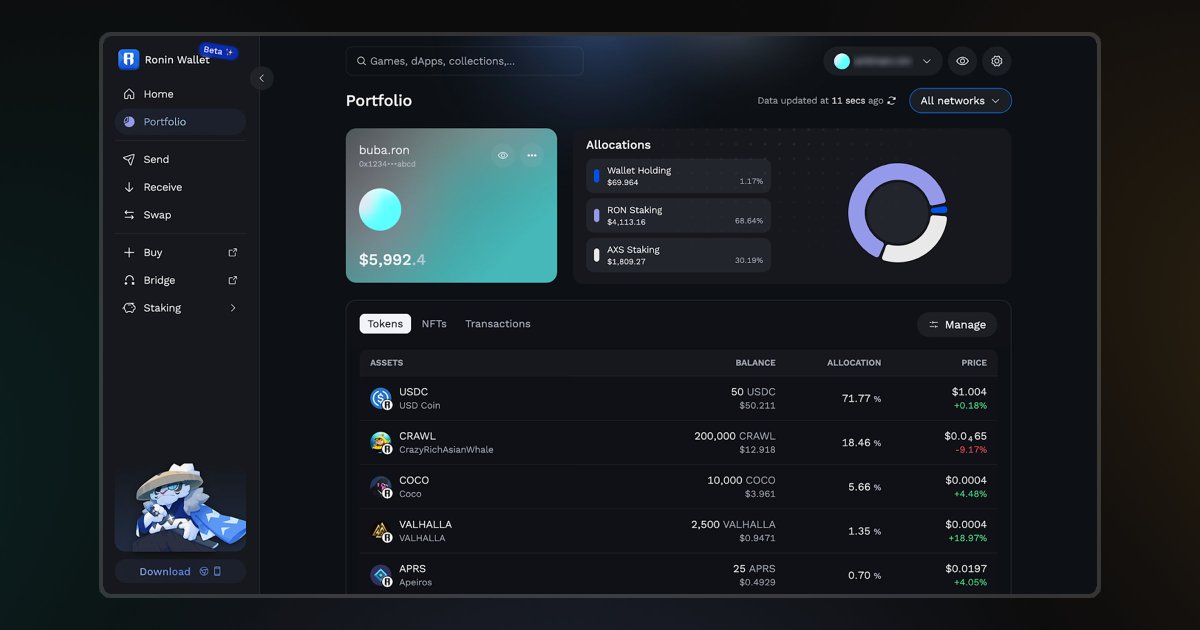 Getting Started with the Ronin Web Wallet

The Ronin Web Wallet is a powerful platform that makes it easy to manage your digital assets across the Ronin ecosystem.

Whether you're trading, staking, or handling NFTs, it offers a user-friendly and secure interface to interact with