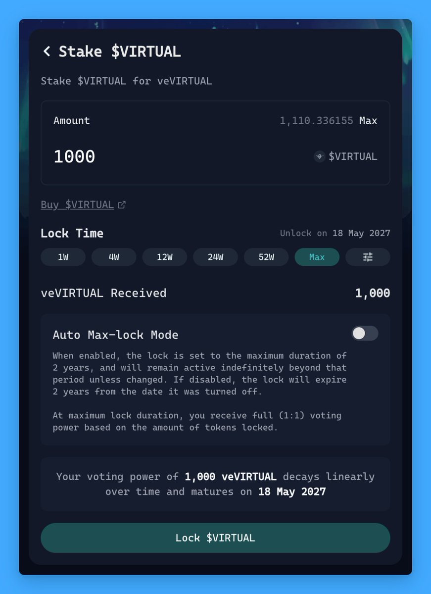 thekuchh's tweet photo. Swapped 0.85 ETH for 1110 VIRTUAL ↓

So, I decided to swap my ETH for VIRTUAL and send it to staking.

- Swapped 0.85 ETH for about ~$2150.
- Received 1110 VIRTUAL
- Sent 1110 VIRTUAL for 2 years to maximize veVIRTUAL.

The sole purpose of this swap is to get fully deep into @virtuals_io and buster point earnings.

Let's see how many points I get tomorrow.