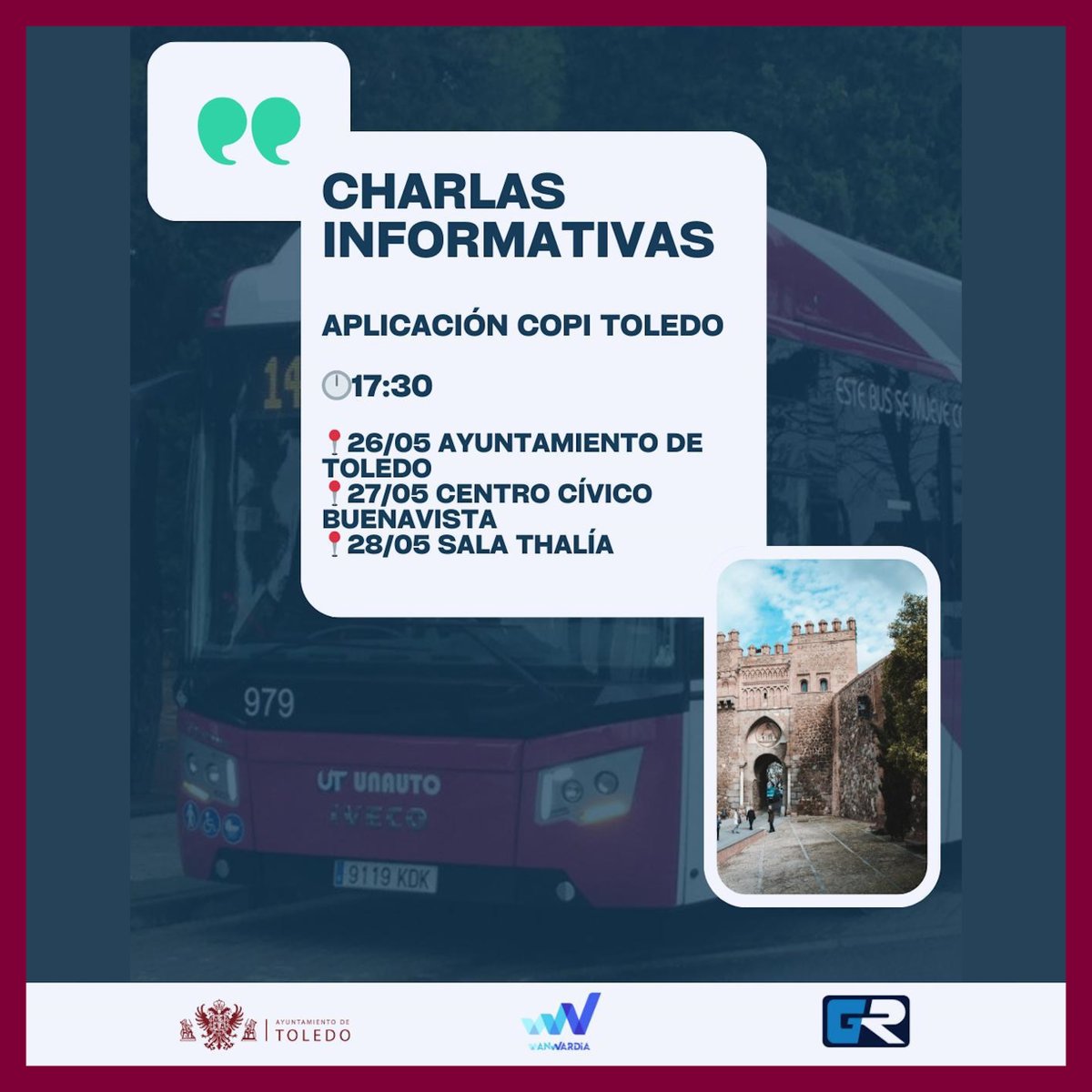 #Toledo #Movilidad 
📢 Charlas ℹ️ informativas.
🎙️ COPI Ciudad Toledo. La nueva 📱 aplicación 🚍 bus urbano (tinyurl.com/yldshkaj).
🕠17:30H
🗓️26 MAYO 🗺️Ayto Toledo.
🗓️27 MAYO 🗺️CV. Buenavista.
🗓️28 MAYO 🗺️Sala Thalia.
👔 Organiza <a href="/ToledoAyto/">Ayuntamiento de Toledo</a>, UNAUTO e Integra Movilidad SA.