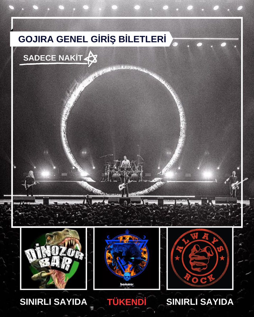 22 Temmuz <a href="/GojiraMusic/">Gojira</a> konserinin genel giriş biletleri <a href="/HammerMuzik/">Hammer Muzik</a>'te tükenmiştir ✅ Always Rock Bar ve Dinozor Bar’da sınırlı sayıda bulunmaktadır 🔥