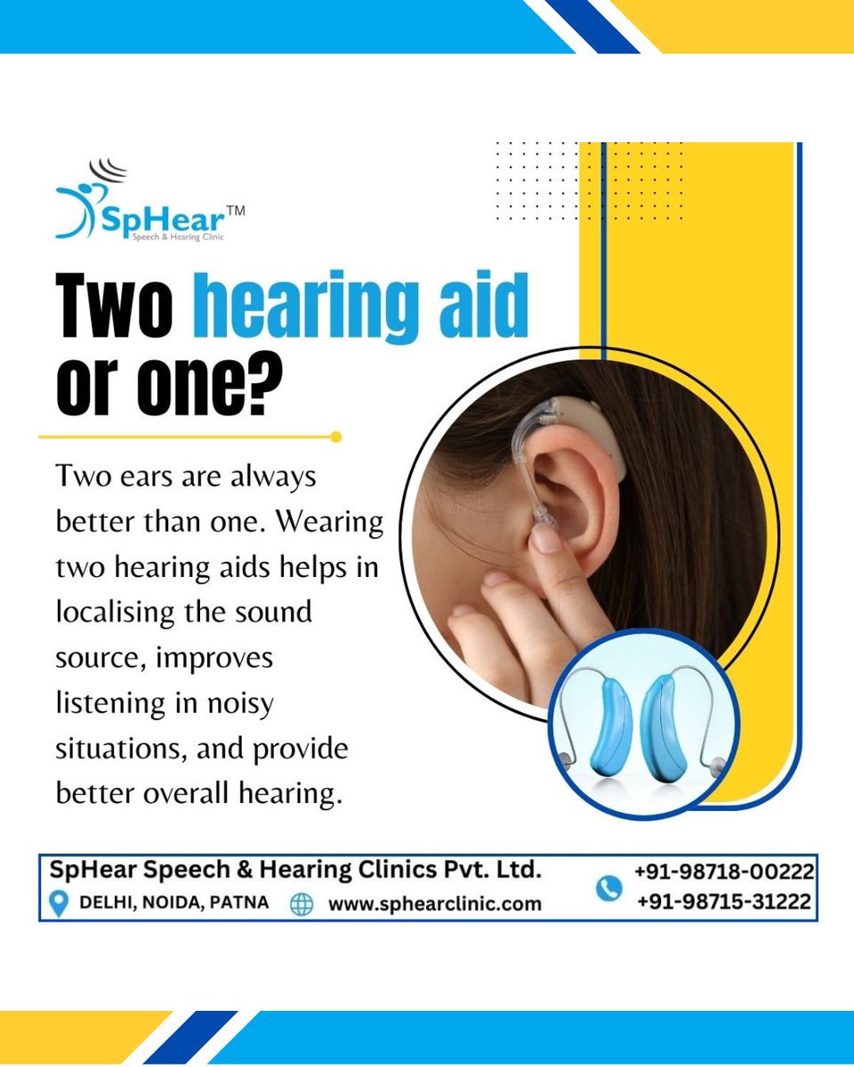 SpHearClinic's tweet photo. Audiologists at SpHear recommend to go for two hearing aids instead of one because of the greater benefits.🔗https://t.co/olphpGzJX8
#sphear #sphearclinic #clinic #hearingtest #ear #audiology #audiologist #hearing #hearingaid #hearingloss #consultnow https://t.co/q4jKZTelff