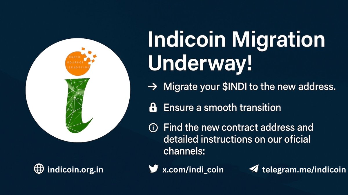 Indicoin ($INDI) Contract Migration!
We’ve launched a new $INDI contract on Ethereum.
⏳ Migrate by May 31, 2025
✅ 1:1 Token Swap
🔐 Safe &amp; Verified

New Contract: 0xbbbB3fD57b67a95788947D3ab4EbDF8d3E7F00cc
Migrate: discord.me/indiesnft
Help: telegram.me/indicoin
#Indicoin