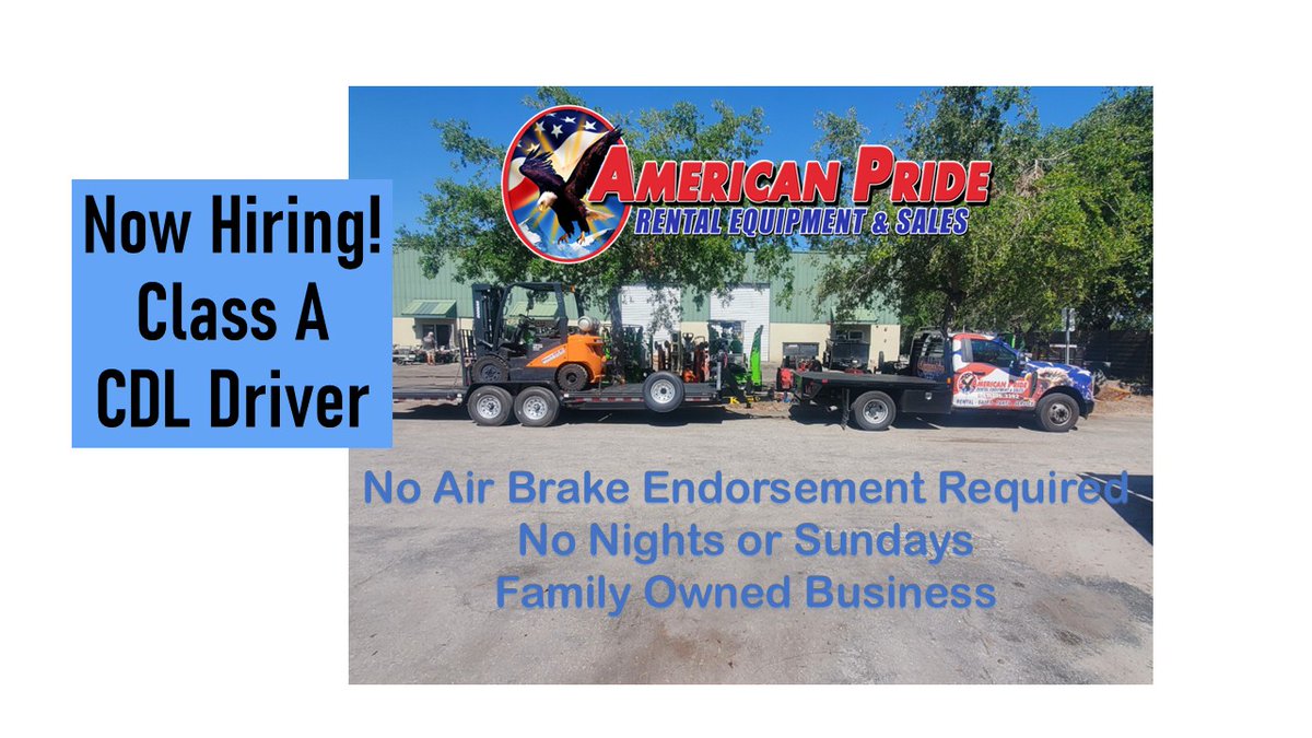 AmprideStore's tweet image. Now Hiring Class A CDL Driver at American Pride Rental Equipment And Sales in Sarasota. No Nights or Sundays, No Air Brake Endorsement Required. Call Vince at 941-706-3392 or stop by 4420 Ashton Rd, Sarasota.
#nowhiring #AmericanPride #sarasotarentalequipment #rentalequipment