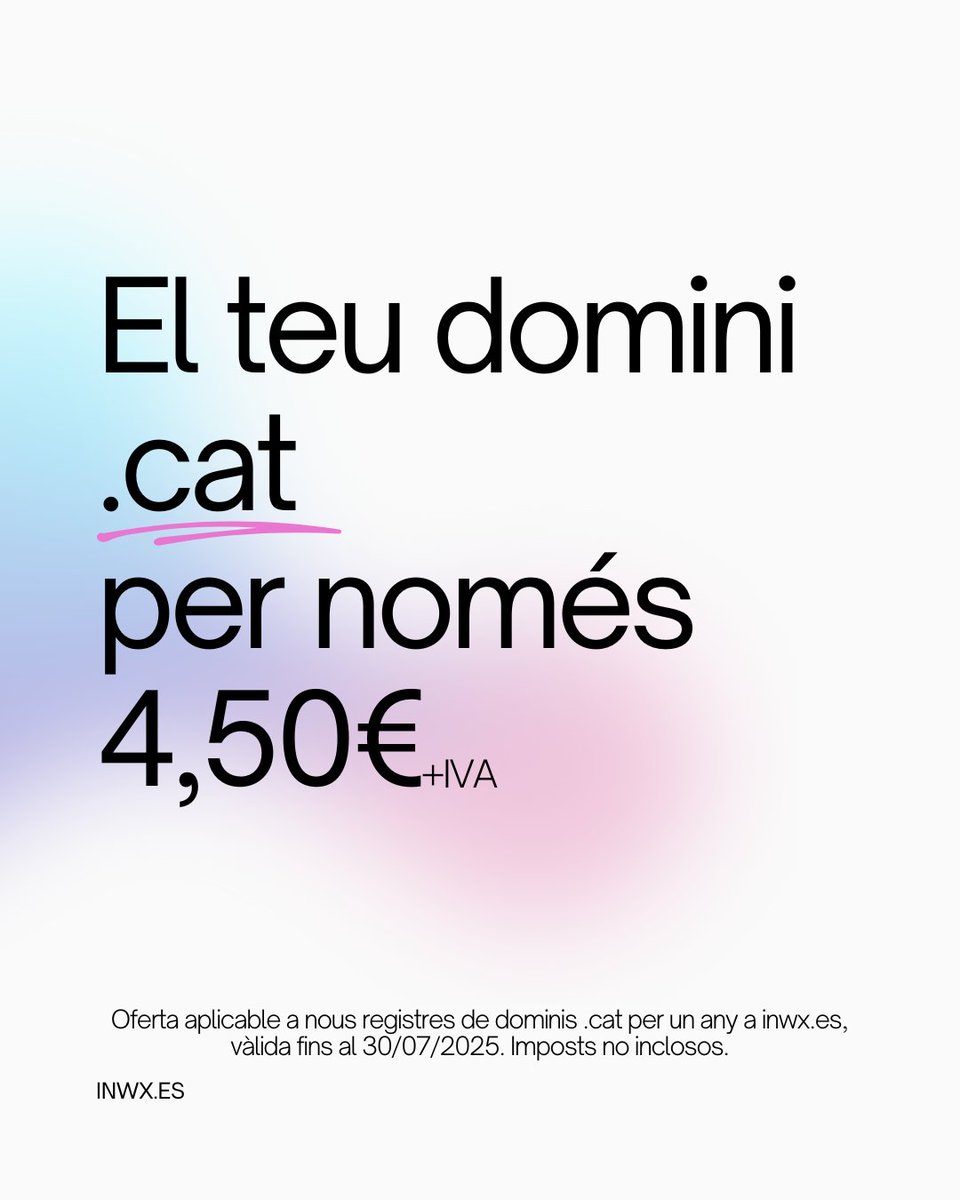 El teu domini .cat t'espera! Registra'l ara i aprofita l'oferta que hem llençat conjuntament amb @puntcat per només 4,50 €+IVA a INWX.
Oferta vàlida fins al 30/07/2025 per a nous registres per un any.