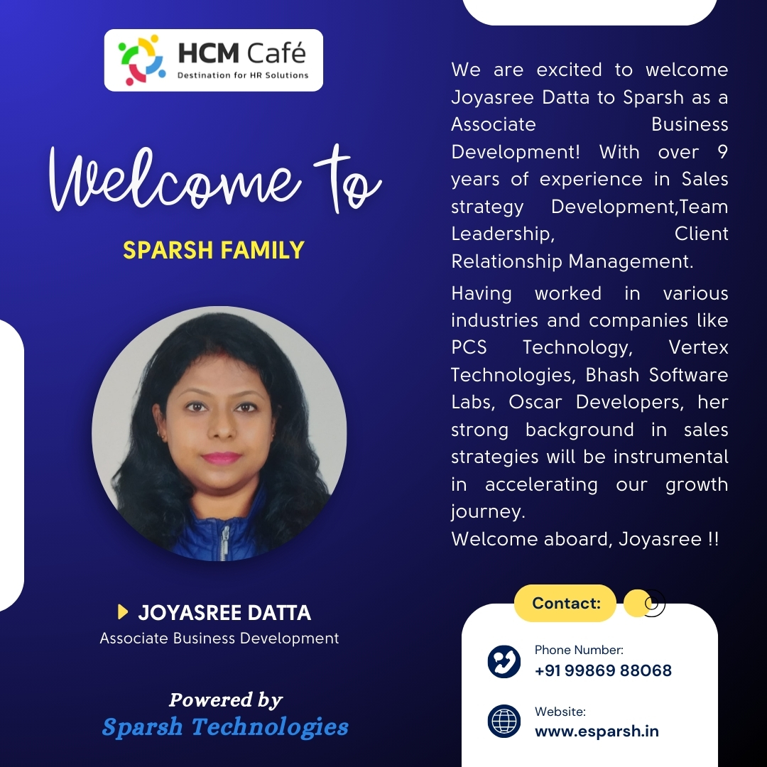 sparshtechblr's tweet image. We are pleased to welcome Joyasree Datta to the Sparsh family as Associate – Business Development.
We look forward to a successful journey together.
#WelcomeAboard #SparshTechnologies #BusinessDevelopment #TeamSparsh #HCMCafe #HRTech #NewJoiner #CorporateWelcome