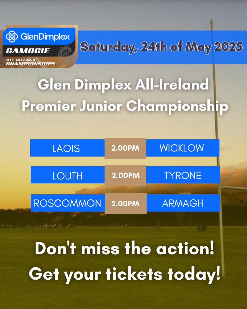 The Glen Dimplex All-Ireland Premier Junior Championship gets underway this weekend!🏆 
Don’t miss the action! Get your tickets via the link below!  

universe.com/users/camogie-… 

⭐️Roscommon V Armagh - 2pm, Ballyfornan
⭐️Louth V Tyrone - 2pm, St Brides, Knockbridge
⭐️Laois V