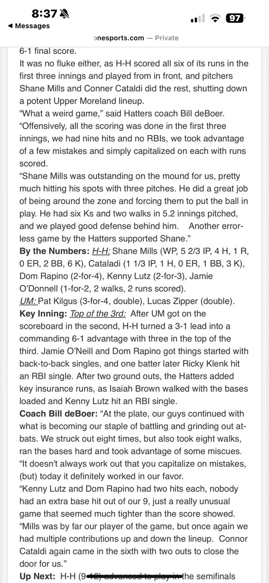 Conner Cataldi (@conner_cataldi) on Twitter photo Back to back games coming in relief for the playoffs. First game on Monday against West Chester East 1 IP 13P 0W 0 H 2Ks. Second game on Tuesday against Upper Moreland 1.1 IP 1W
3Ks. Fastball sat at 84 for both games. Moving on to the 5A Semifinal game!
<a href="/NextLVLProspect/">Next Level Prospects</a> Back to back games coming in relief for the playoffs. First game on Monday against West Chester East 1 IP 13P 0W 0 H 2Ks. Second game on Tuesday against Upper Moreland 1.1 IP 1W
3Ks. Fastball sat at 84 for both games. Moving on to the 5A Semifinal game!
<a href="/NextLVLProspect/">Next Level Prospects</a>