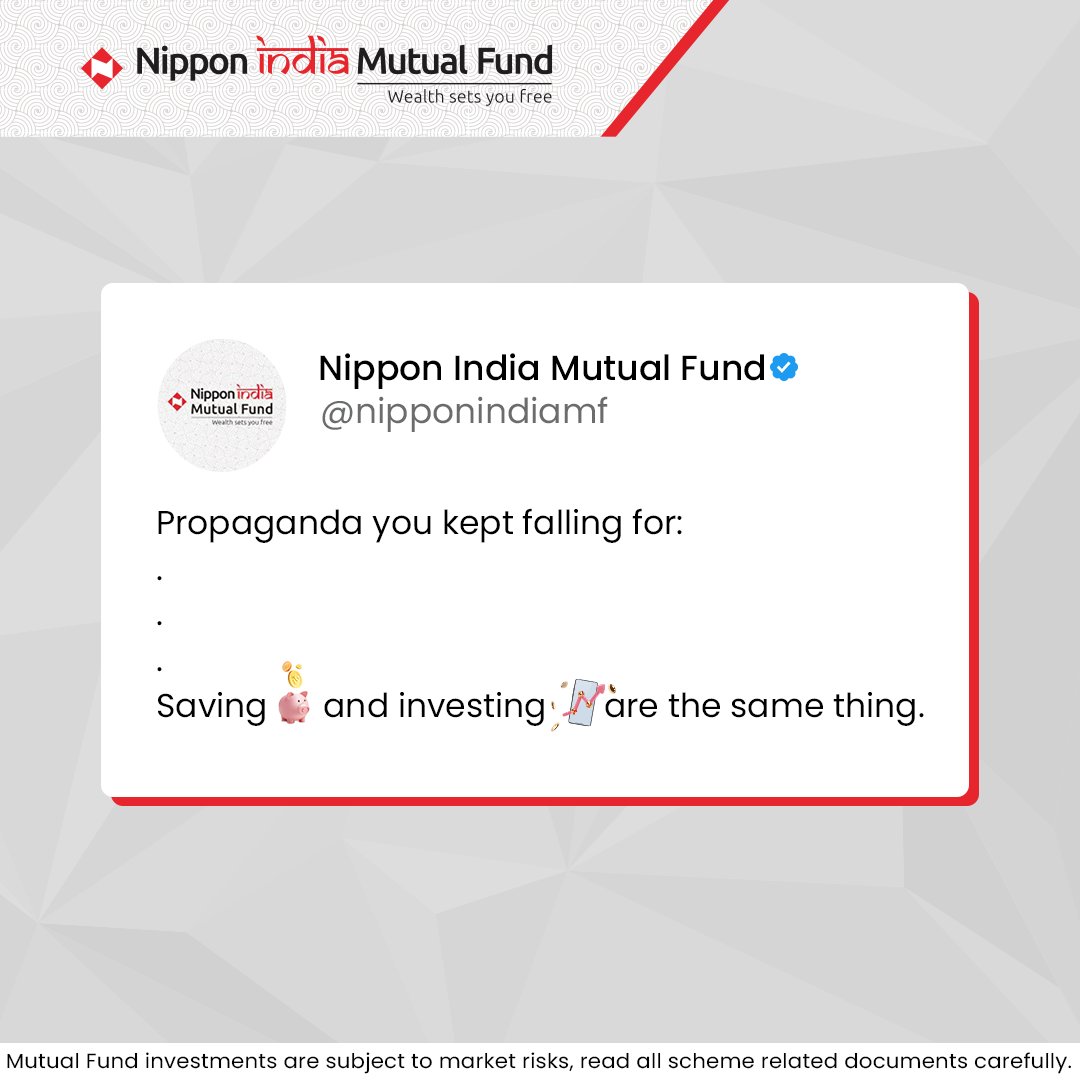 NipponIndiaMF's tweet photo. Saving helps you sleep well.
Investing helps you dream bigger.
Know the difference.
#NipponIndiaMutualFund #PropagandaTrend https://t.co/OA4Qx7O5TS