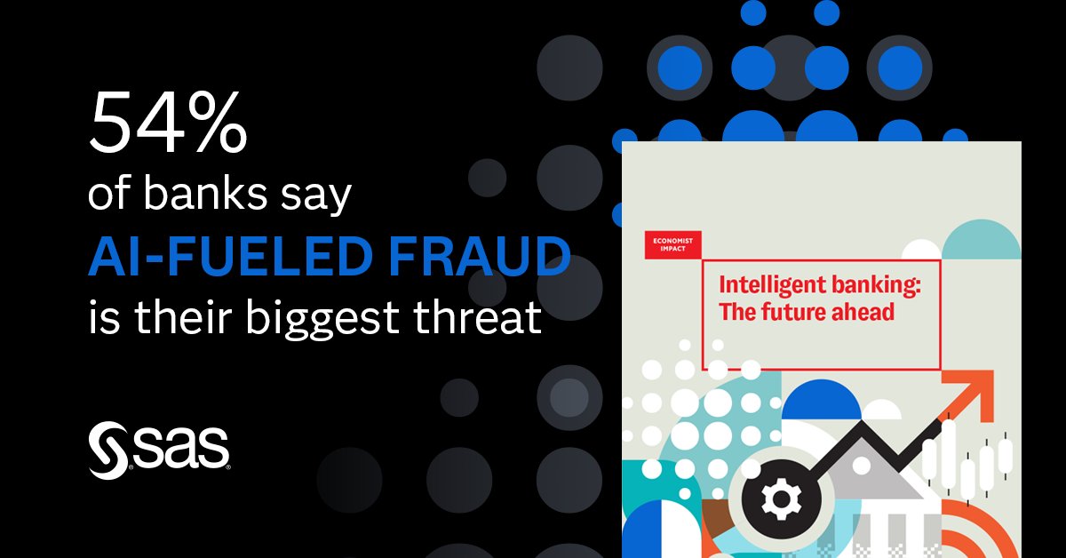 SAS Software (@sassoftware) on Twitter photo The <a href="/economistimpact/">Economist Impact</a> report, presented by SAS examines factors that will ultimately reshape the global banking and financial services industry.
AI-fueled fraud is an imminent threat, with 54% of banks stating this as a primary concern. Get more stats to help prepare for what’s The <a href="/economistimpact/">Economist Impact</a> report, presented by SAS examines factors that will ultimately reshape the global banking and financial services industry.
AI-fueled fraud is an imminent threat, with 54% of banks stating this as a primary concern. Get more stats to help prepare for what’s