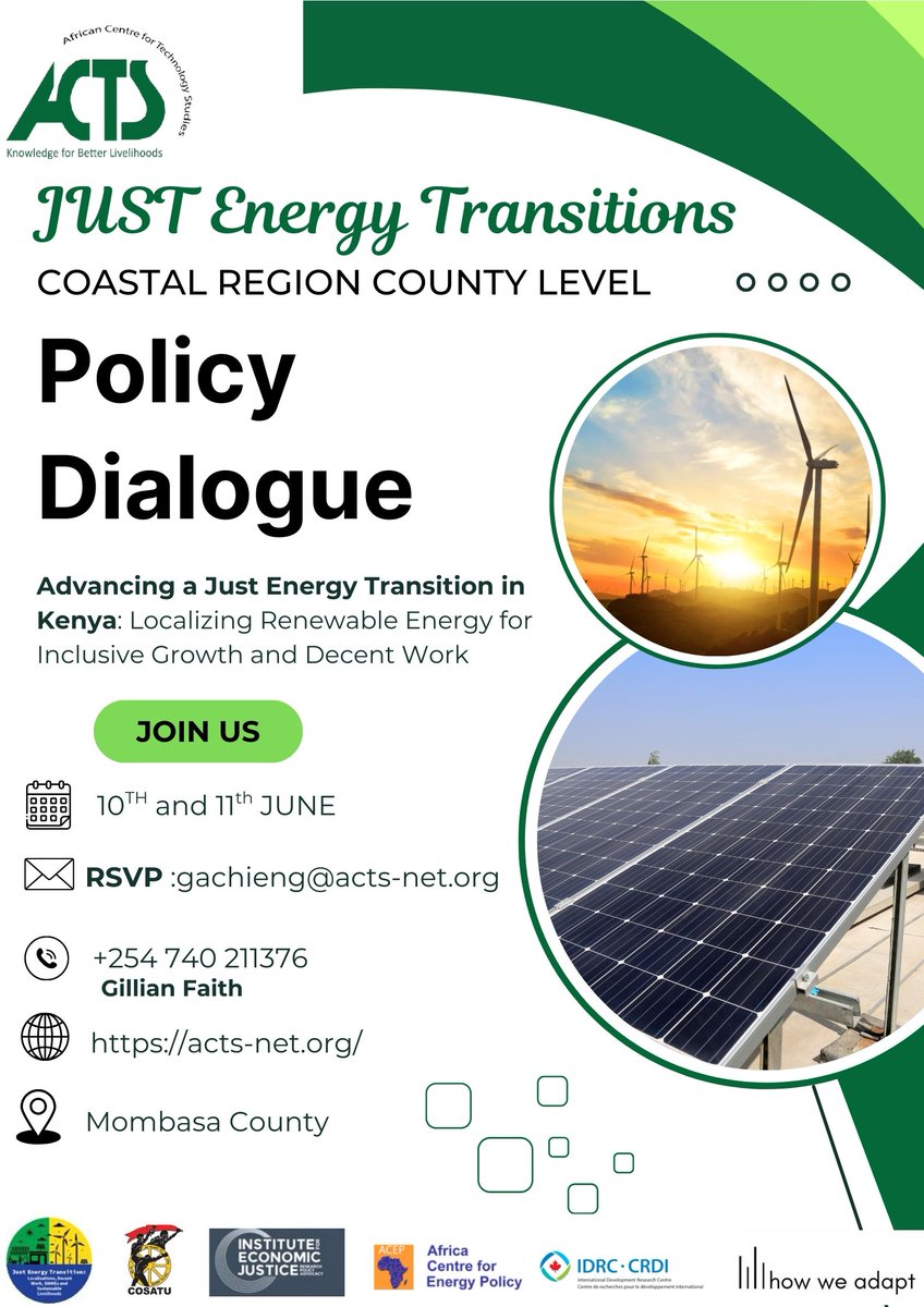 ACTSNET's tweet image. 🗣️The @ACTSNET is hosting a Just Energy Policy Dialogue focused on localizing renewable energy value chains, promoting decent work and enhancing inclusive participation across Kenya’s energy sector and you are cordially invited!

📅 10 - 11 June 2025
📌 Mombasa County
RSVP:…