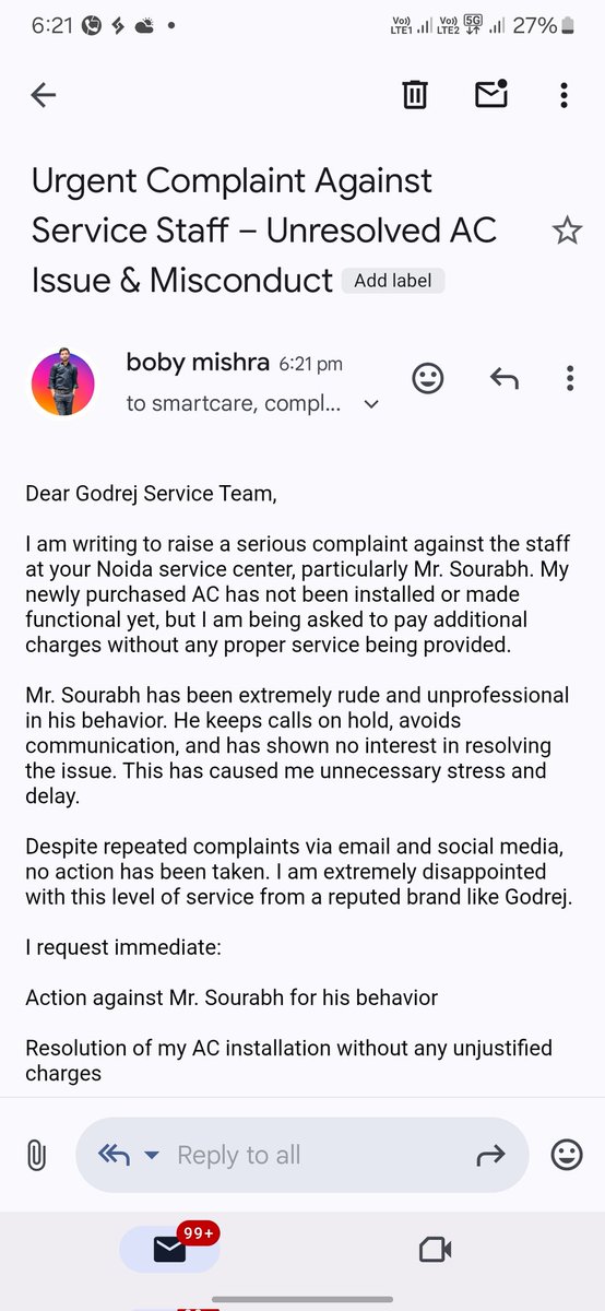 Bobykumarm26921's tweet image. @GodrejAppliance  @jagograhakjago my problem still not resolve and service centre demand money and rude behaviour #godrej #acnotworking #defectiveac
