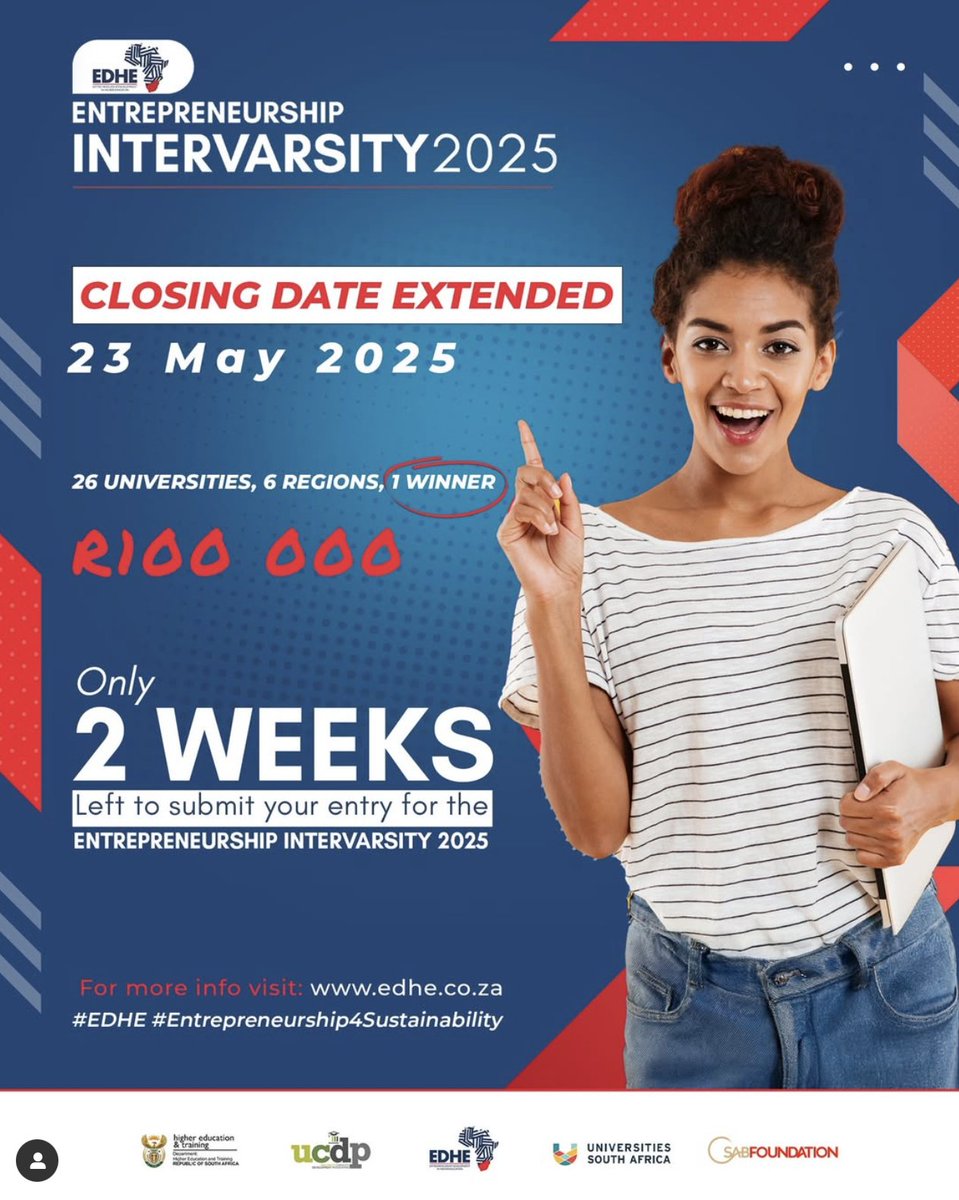 Deadline extended! UCT students, enter the EDHE Entrepreneurship Intervarsity 2025 by 23 May for a chance to win R100,000 and grow your business! 
Visit: edhe.co.za
#UCT #EDHE2025 #StudentPreneurs