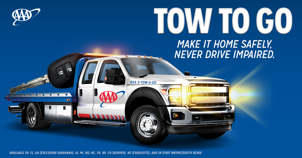 Memorial Day gatherings can lead to impaired driving. If you can’t get home safely, give us the keys and we’ll give you and your car a lift – even if you’re not a member. Call (855) 2-TOW-2-GO.

Avail in FL, GA, IA, MI, ND, NE, TN, WI, CO (Denver), NC (Charlotte) and IN (Fort