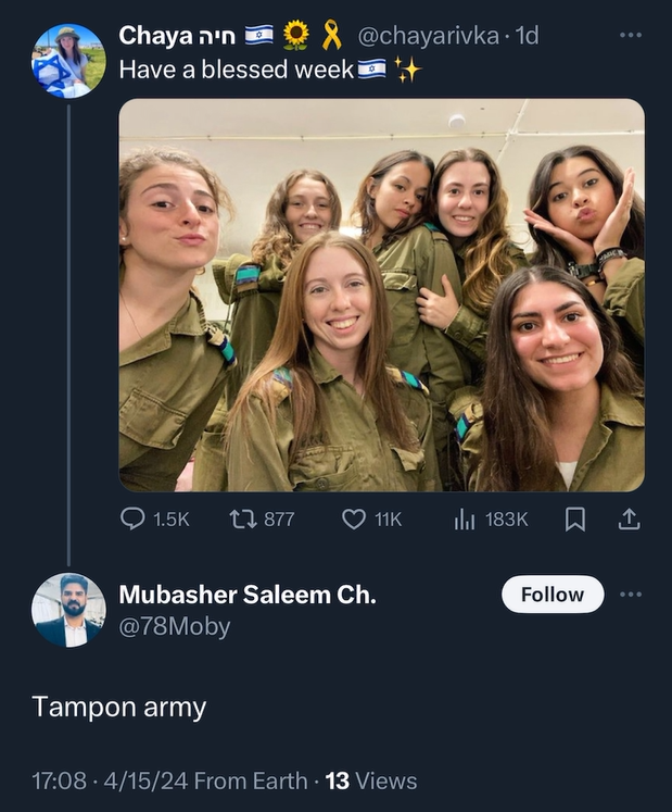 StopAntisemites's tweet photo. Mubasher Saleem's hatred for women and the Jewish people takes a turn:

- referred to Israeli female soldiers as a “tampon army”
- called an Iranian woman a “penny ho” for denouncing terrorism
- on multiple occasions blamed the Bondi Junction stabbings on a Jewish assailant - it was a homeless man from Sydney