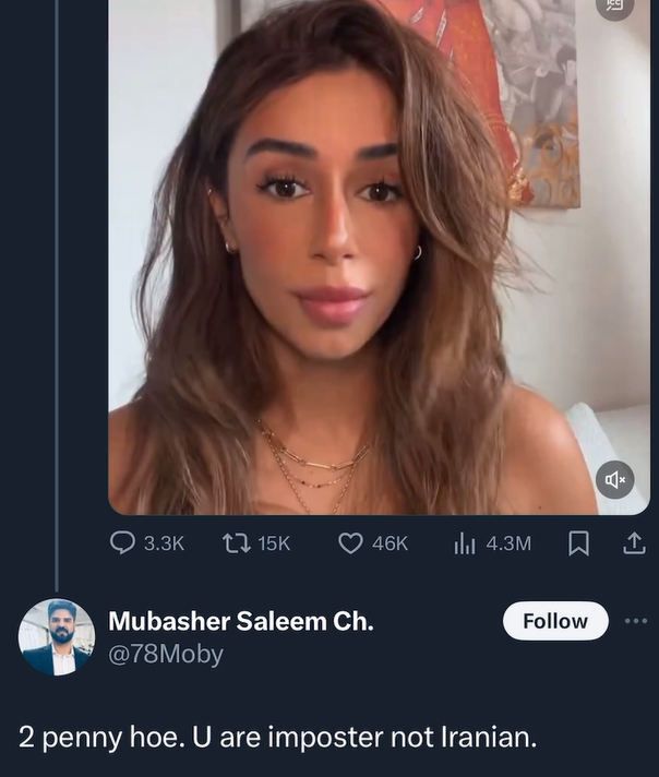 Mubasher Saleem's hatred for women and the Jewish people takes a turn:

- referred to Israeli female soldiers as a “tampon army”
- called an Iranian woman a “penny ho” for denouncing terrorism
- on multiple occasions blamed the Bondi Junction stabbings on a Jewish assailant - it