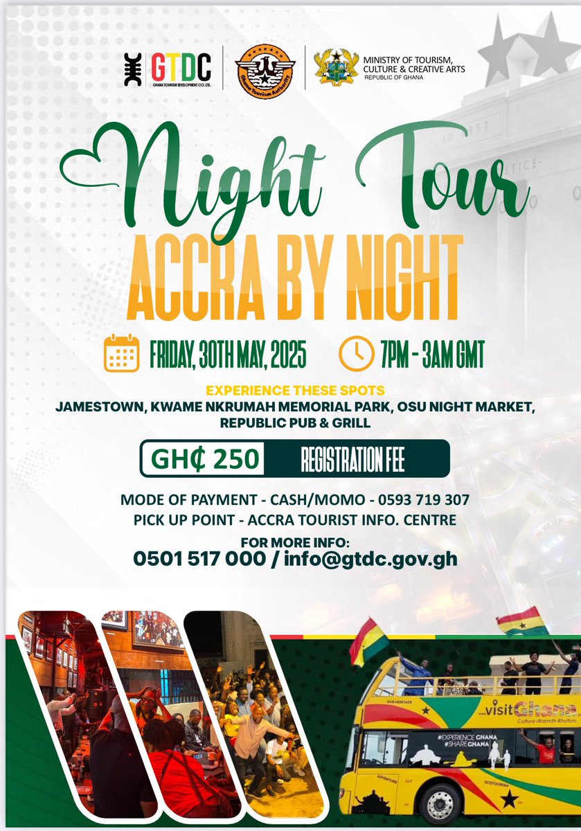 Let’s hit the night on Friday 30th May. Accra is certainly your night life destination. Are you in the city for work, conference? worked all day? Let’s jam the night! #NightLifeDestination #Accra #AccraByNight #24houreconomy <a href="/gtdc_ghana/">GTDC</a> <a href="/ghanatourismGTA/">Ghana Tourism Authority</a> <a href="/GTV_Ghana/">GTV Ghana</a>