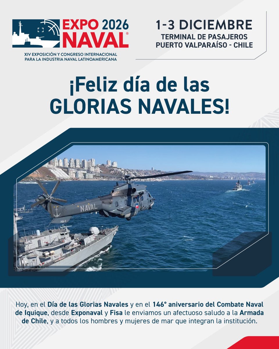 Exponaval (@exponaval_chile) on Twitter photo Hoy es un día para honrar valor y legado de nuestra historia naval ⚓🇨🇱
Desde <a href="/Exponaval_Chile/">Exponaval</a> y <a href="/FISA_oficial/">FISA OFICIAL</a> rendimos homenaje a <a href="/Armada_Chile/">Armada de Chile</a> y a todas y todos quienes dedican su vida al servicio del mar.
Gracias por su vocación, disciplina y entrega 🤝
#Exponaval2026 Hoy es un día para honrar valor y legado de nuestra historia naval ⚓🇨🇱
Desde <a href="/Exponaval_Chile/">Exponaval</a> y <a href="/FISA_oficial/">FISA OFICIAL</a> rendimos homenaje a <a href="/Armada_Chile/">Armada de Chile</a> y a todas y todos quienes dedican su vida al servicio del mar.
Gracias por su vocación, disciplina y entrega 🤝
#Exponaval2026