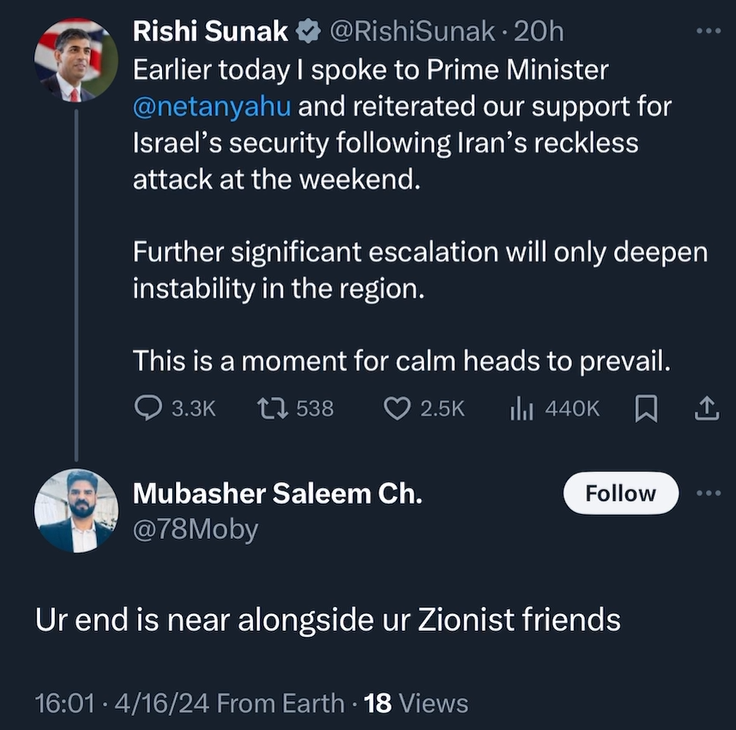 StopAntisemites's tweet photo. Mubasher Saleem of Colorado, a turbine inspector for a global leader in sustainable energy, harbors vile misogynistic and antisemitic views:  

- tried to blame the 2024 Wakeley Church stabbing on a Jewish assailant - it was a Muslim teen 
- threatened the life of former PM Rishi Sunak for speaking with Israeli PM Netanyahu 
- when Israel called to release the hostages, replied “f*** you and your hostages” 
- threatened rape toward Israelis  

His threats continue...