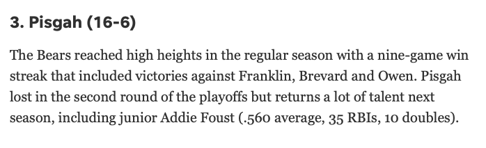 wncfastpitch's tweet image. Led by Senior Pitcher and @caldwell_cobras commit @SadieMesser23, the Pisgah Bears finished as the Citizen-Times #3-Ranked team in Western North Carolina.