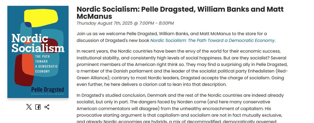 Matt McManus 🇨🇦 (@mattpolprof) on Twitter photo If you're in Chicago on August 7th come to our event discussing "Nordic Socialism" (University of Wisconsin Press) with <a href="/wmbanks0081/">William Banks</a> and <a href="/pelledragsted/">Pelle Dragsted</a>.
Will be reviewing for <a href="/damagemag/">Damage Magazine</a>
pilsencommunitybooks.com/events/20250807 If you're in Chicago on August 7th come to our event discussing "Nordic Socialism" (University of Wisconsin Press) with <a href="/wmbanks0081/">William Banks</a> and <a href="/pelledragsted/">Pelle Dragsted</a>.
Will be reviewing for <a href="/damagemag/">Damage Magazine</a>
pilsencommunitybooks.com/events/20250807