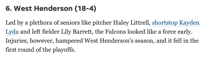 wncfastpitch's tweet image. Led by Senior Pitcher and @LMC_Softball commit @haley_littrell West Henderson finished as the Citizen-Times #6-Ranked team in Western North Carolina.

@Stars_Tidd 
@Chris_Womack