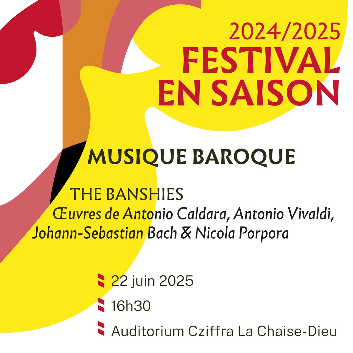 [Musique Baroque🎵]
Pour la dernière résidence du Festival en Saison, retrouvez The Banshies composé de Y. Talibart&amp; R. Rastegar, violon; S. Wolff, violoncelle&amp; L. Acabo, clavecin, le 𝙙𝙞𝙢𝙖𝙣𝙘𝙝𝙚 22/06 à La Chaise-Dieu.
Infos et résas: 04 71 00 01 16 /bit.ly/4kcR6wc