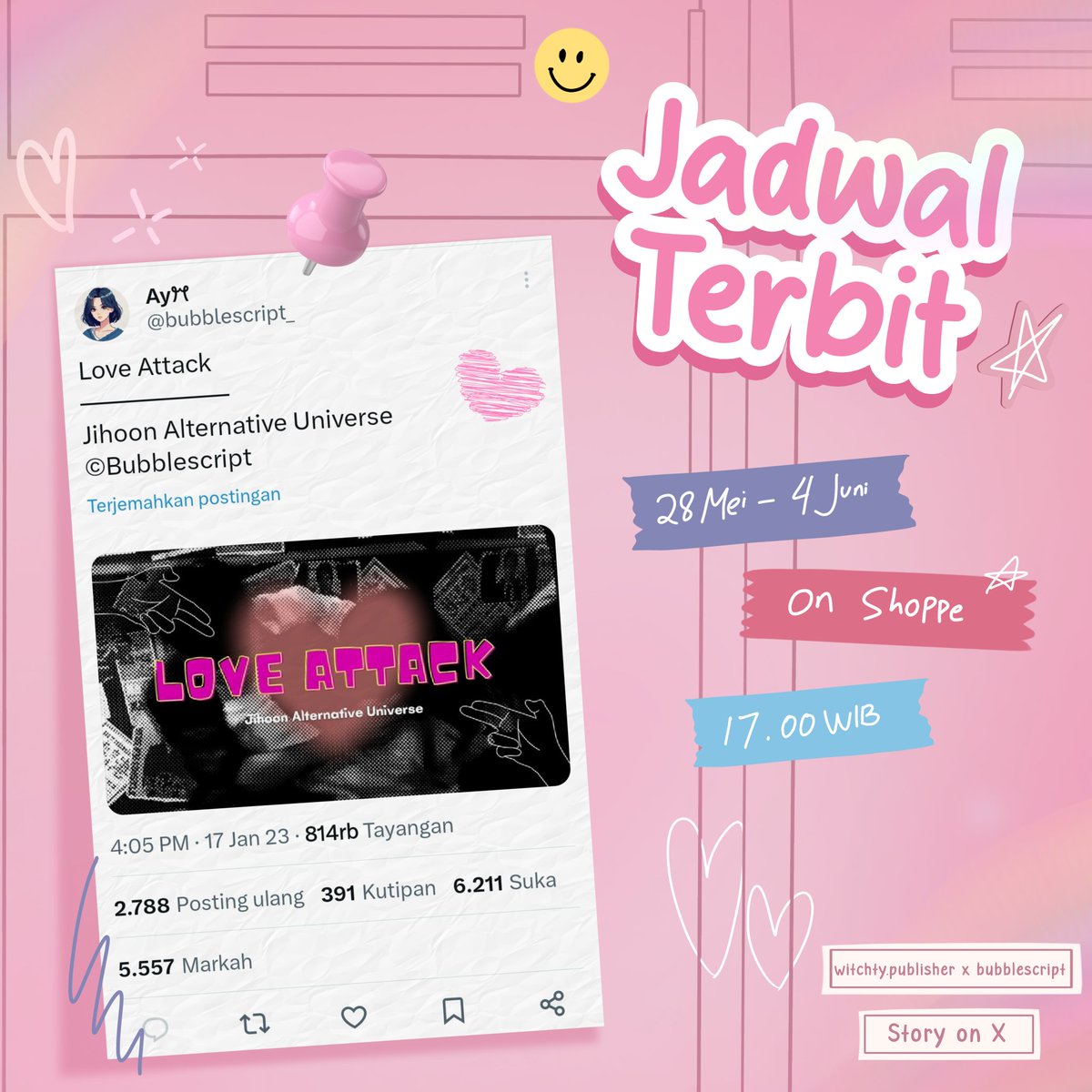 BULAN INI‼️

LOVE ATTACK by <a href="/bubblescript_/">Ayꔫ</a>

Siap-siap peluk Ayu dan Janu versi buku

🗓️ PO 28 Mei - 4 Juni 2025