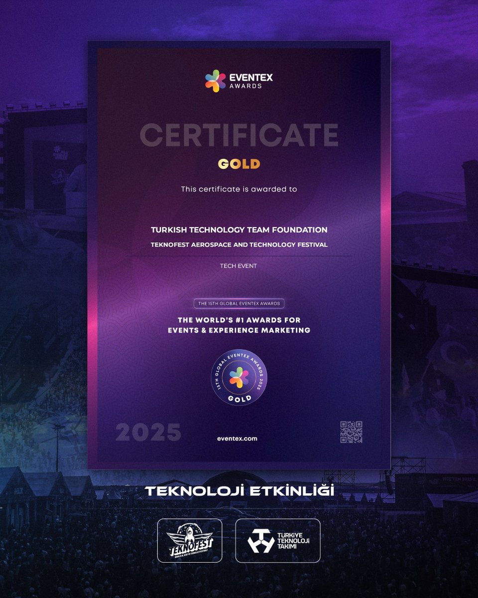 teknofest's tweet image. Dünyanın en büyük Havacılık, Uzay ve Teknoloji festivali #TEKNOFEST, Eventex Awards 2025’te 4 ödül aldı! 🚀

Ödül alınan kategoriler: 

🥇 Teknoloji Etkinliği – Altın
🥈 Açık Alan Etkinliği – Gümüş
🥈 Public Event – Gümüş
🥉 Festival – Bronz

#MilliTeknolojiHamlesi&apos;ne gönül…