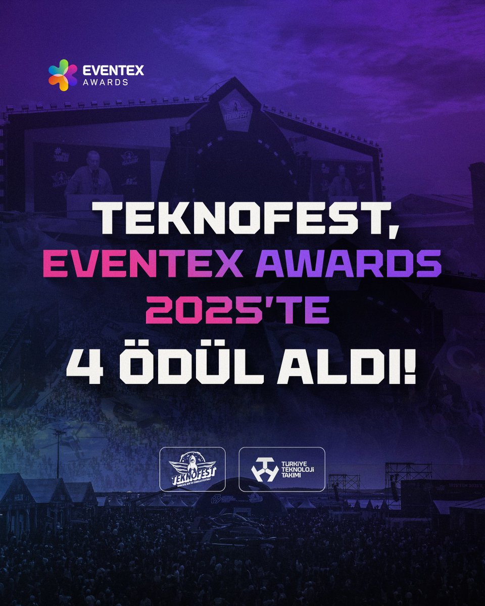 teknofest's tweet image. Dünyanın en büyük Havacılık, Uzay ve Teknoloji festivali #TEKNOFEST, Eventex Awards 2025’te 4 ödül aldı! 🚀

Ödül alınan kategoriler: 

🥇 Teknoloji Etkinliği – Altın
🥈 Açık Alan Etkinliği – Gümüş
🥈 Public Event – Gümüş
🥉 Festival – Bronz

#MilliTeknolojiHamlesi&apos;ne gönül…