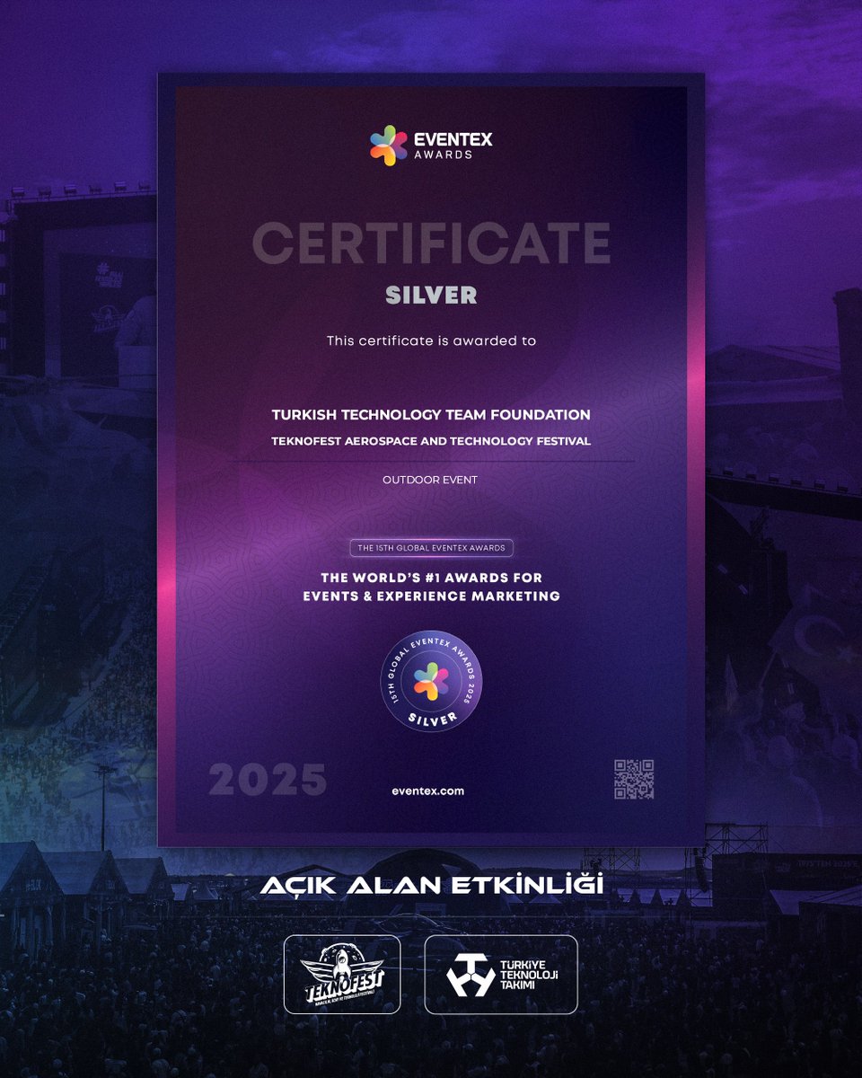 teknofest's tweet image. Dünyanın en büyük Havacılık, Uzay ve Teknoloji festivali #TEKNOFEST, Eventex Awards 2025’te 4 ödül aldı! 🚀

Ödül alınan kategoriler: 

🥇 Teknoloji Etkinliği – Altın
🥈 Açık Alan Etkinliği – Gümüş
🥈 Public Event – Gümüş
🥉 Festival – Bronz

#MilliTeknolojiHamlesi&apos;ne gönül…