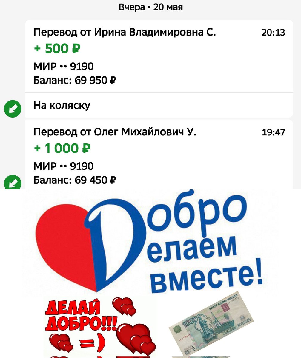 Олег Михайлович, Ирина Владимировна
СПАСИБО❤️ 
на♿ЭлКоляску+Lifepo4_АКБ
Виктору Седых из Соликамск
собр.69950р=28,66%
необх.ещё 174050р
резерв до 16июня
Добрые Волшебники Отзовитесь
🆘100 500 1000
СколькоМожете🙏
РЕКВИЗИТЫ ДЛЯ ПОМОЩИ
на QR-код и по ссылкеt.me/litkin067