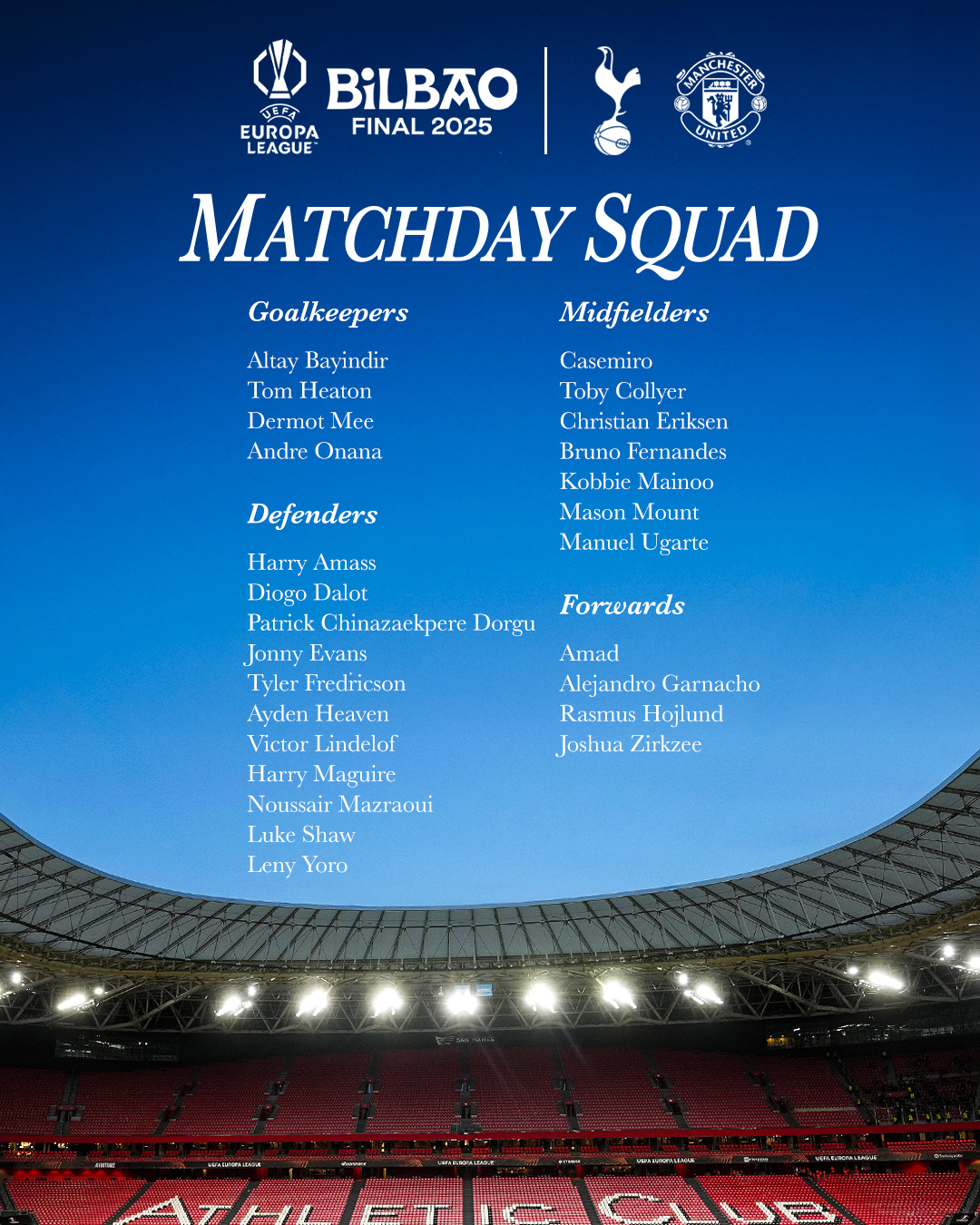 Manchester United matchday squad to face Tottenham Hotspur in the 2025 Europa League final.