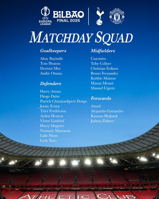 Manchester United matchday squad to face Tottenham Hotspur in the 2025 Europa League final.