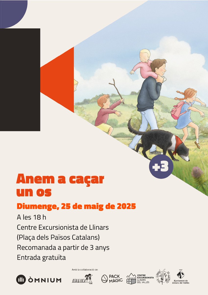 CELlinarsVallès (@cellinarsvalles) on Twitter photo 📢 Cinema infantil en català, diumenge 25 de maig
🗓️ 18.00 h
🎞️ ANEM A CAÇAR UN OS
📍 Al nostre local
👧🏻 A partir de 3 anys. És necessari un acompanyant adult
👉 Entrada gratuïta
🏠 Aforament limitat
#Cinexic <a href="/omnium/">Òmnium Cultural</a> <a href="/RitaLucaFilms/">Rita&Luca Films</a> <a href="/PackMagic_/">Pack Màgic</a> <a href="/OmniumBMontseny/">Òmnium Baix Montseny</a> <a href="/ajllinarsvalles/">Llinars del Vallès</a> 📢 Cinema infantil en català, diumenge 25 de maig
🗓️ 18.00 h
🎞️ ANEM A CAÇAR UN OS
📍 Al nostre local
👧🏻 A partir de 3 anys. És necessari un acompanyant adult
👉 Entrada gratuïta
🏠 Aforament limitat
#Cinexic <a href="/omnium/">Òmnium Cultural</a> <a href="/RitaLucaFilms/">Rita&Luca Films</a> <a href="/PackMagic_/">Pack Màgic</a> <a href="/OmniumBMontseny/">Òmnium Baix Montseny</a> <a href="/ajllinarsvalles/">Llinars del Vallès</a>