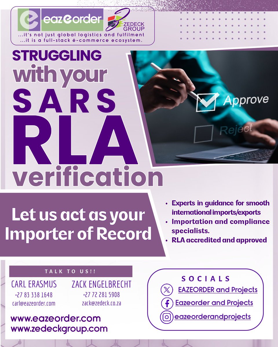 Eaz_e_order's tweet photo. RLA: ARE YOU STRUGGLING WITH YOUR SARS RLA VERIFICATION? LET US AT EAZEORDER ACT AS YOUR IMPORTER OF RECORD
#importerofRecord #RLA #crossborder #vatandduties #eazeorder https://t.co/hhnpHw2A9Y