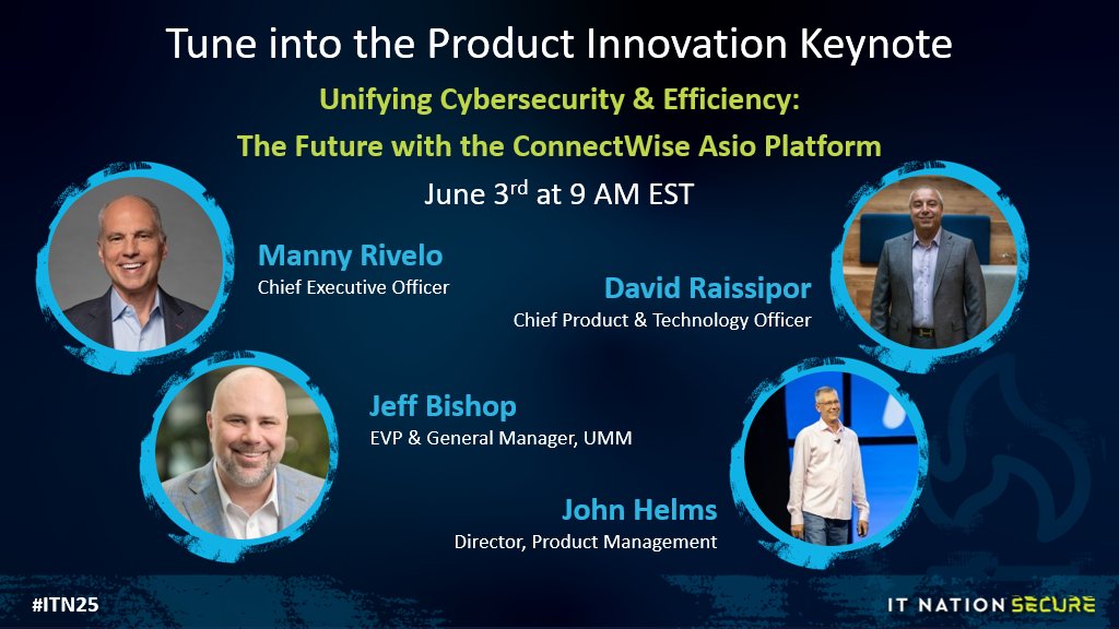 Real innovation. Live demos. A look into what’s coming next for MSPs.

At IT Nation Secure 2025, the Product Innovation Keynote will showcase the latest advancements in the ConnectWise Asio™ Platform.

Learn More: ms.spr.ly/6018Sdzv0 

#ITN25 #Cybersecurity #ASIO #MSP #MSSP