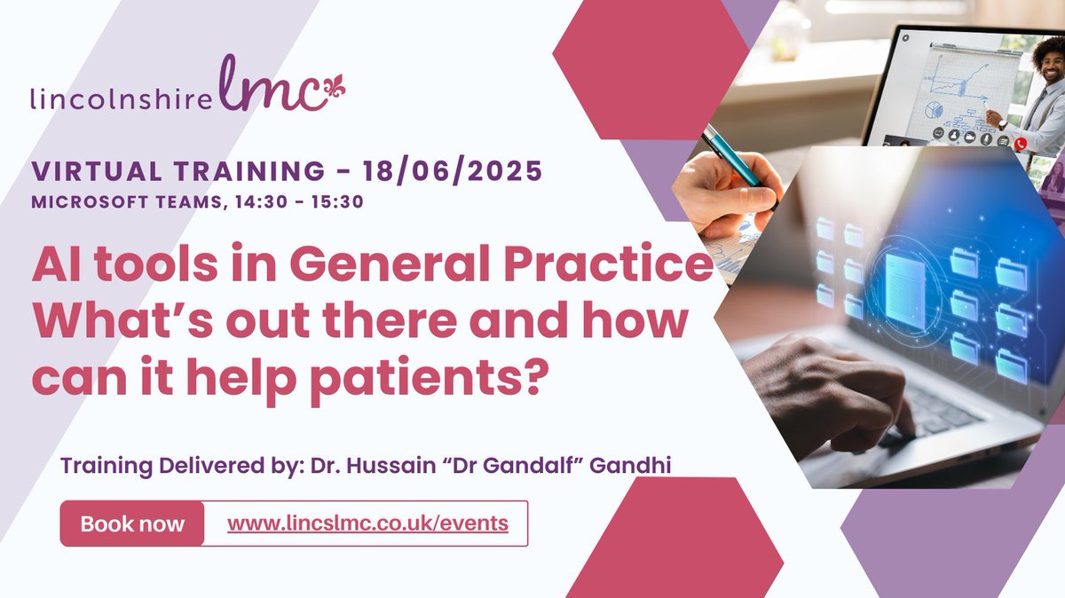 A live webinar with Dr Gandalf exploring AI tools and how utilising them in practices can help patients. 
Open to Lincolnshire GPs and practice staff.

lincslmc.co.uk/product/ai-too…

#LincsLMCEvents