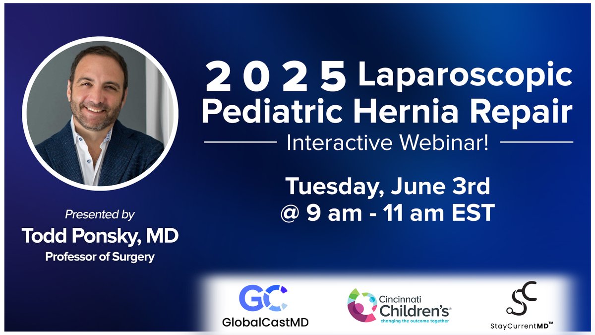 StayCurrentMD (@staycurrentmd) on Twitter photo Join us for our annual 2-hour course on Laparoscopic Pediatric Hernia Repair! Explore latest advancements in non-mesh laparoscopic hernia repair for children and adolescents.
Register here: globalcastmd.pulse.ly/ykxjqy46gn
#some4pedsurg #LaparoscopicHerniaRepair <a href="/CincyChildrens/">Cincinnati Children's</a> Join us for our annual 2-hour course on Laparoscopic Pediatric Hernia Repair! Explore latest advancements in non-mesh laparoscopic hernia repair for children and adolescents.
Register here: globalcastmd.pulse.ly/ykxjqy46gn
#some4pedsurg #LaparoscopicHerniaRepair <a href="/CincyChildrens/">Cincinnati Children's</a>