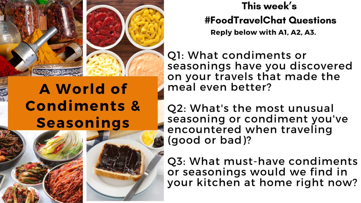Our Tasty Travels (@ourtastytravels) on Twitter photo Let’s #FoodTravelChat about unique condiments + seasonings around the world. Reply to questions w/ “Quote"+#FoodTravelChat so we see it.
Follow host <a href="/carollivestoeat/">Carol Vu</a>, @adventuringgal <a href="/ChrisPappinMCC/">Christine & Gary Pappin Dream Vacations</a>, <a href="/ourtastytravels/">Our Tasty Travels</a>, @myvirtualvaca + on Bluesky/Instagram @real_food_traveler Let’s #FoodTravelChat about unique condiments + seasonings around the world. Reply to questions w/ “Quote"+#FoodTravelChat so we see it.
Follow host <a href="/carollivestoeat/">Carol Vu</a>, @adventuringgal <a href="/ChrisPappinMCC/">Christine & Gary Pappin Dream Vacations</a>, <a href="/ourtastytravels/">Our Tasty Travels</a>, @myvirtualvaca + on Bluesky/Instagram @real_food_traveler