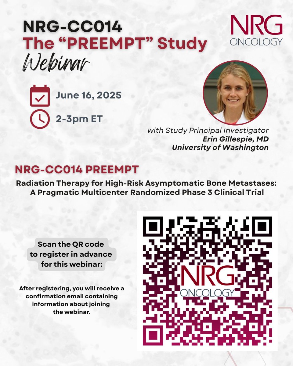 NRG Oncology (@nrgonc) on Twitter photo We asked the study team to explain NRG-CC014, the PREEMPT Study, which recently activated & is now enrolling patients with high-risk bone asymptomatic metastases. ow.ly/TngB50VSJnK Sign up for the webinar to learn more about this trial. โฌ๏ธ <a href="/ErinGillespieMD/">Erin Gillespie, MD MPH</a> We asked the study team to explain NRG-CC014, the PREEMPT Study, which recently activated & is now enrolling patients with high-risk bone asymptomatic metastases. ow.ly/TngB50VSJnK Sign up for the webinar to learn more about this trial. โฌ๏ธ <a href="/ErinGillespieMD/">Erin Gillespie, MD MPH</a>