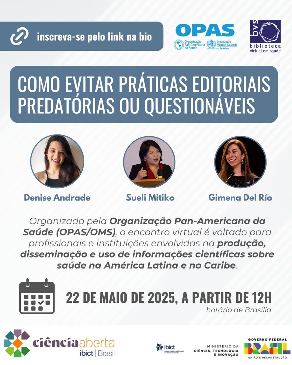 Ciência Aberta Brasil - Ibict (@cienciaabertabr) on Twitter photo Webinar será promovido pela Organização Pan-Americana da Saúde (OPAS/OMS) na próxima quinta-feira, 22 de maio, a partir de 12h (horário de Brasília).
Inscreva-se pelo link: paho-org.zoom.us/meeting/regist… Webinar será promovido pela Organização Pan-Americana da Saúde (OPAS/OMS) na próxima quinta-feira, 22 de maio, a partir de 12h (horário de Brasília).
Inscreva-se pelo link: paho-org.zoom.us/meeting/regist…