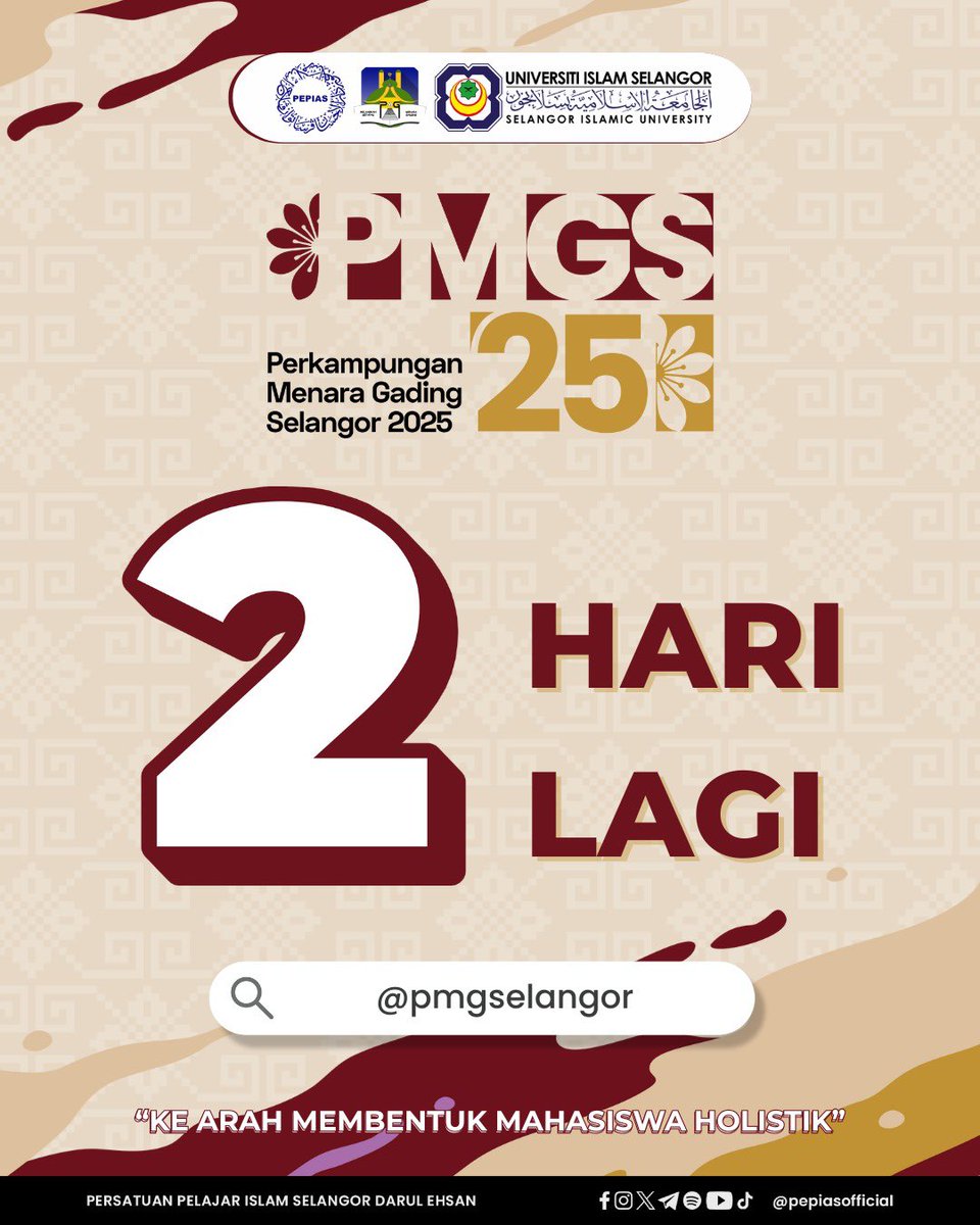 pmgselangor's tweet photo. 2 HARI LAGI MENUJU PERKAMPUNGAN MENARA GADING 2025❗

Detik semakin hampir ! Perkampungan Menara Gading Selangor 2025 bakal membuka tirainya. 🔥

Bersiap sedia untuk pengalaman luar biasa, ilmu, inspirasi dan jaringan ukhuwah menanti anda. Adakah anda sudah bersedia ? 🫵 https://t.co/Uvt6R45ngZ