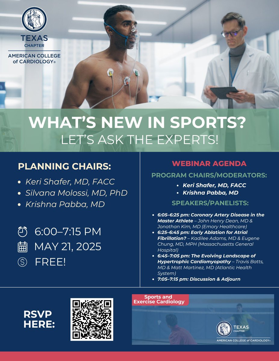 Texas Chapter - ACC (@txchapteracc) on Twitter photo TCACC's Sports & Exercise Cardiology section (<a href="/kerizozo/">Keri Shafer</a>, <a href="/silvana_molossi/">Silvana Molossi</a>, Dr. Krishna Pabba) is hosting a webinar tonight for FREE! Be sure to register and check out the flyer for the agenda: sam-firm.zoom.us/meeting/regist… TCACC's Sports & Exercise Cardiology section (<a href="/kerizozo/">Keri Shafer</a>, <a href="/silvana_molossi/">Silvana Molossi</a>, Dr. Krishna Pabba) is hosting a webinar tonight for FREE! Be sure to register and check out the flyer for the agenda: sam-firm.zoom.us/meeting/regist…