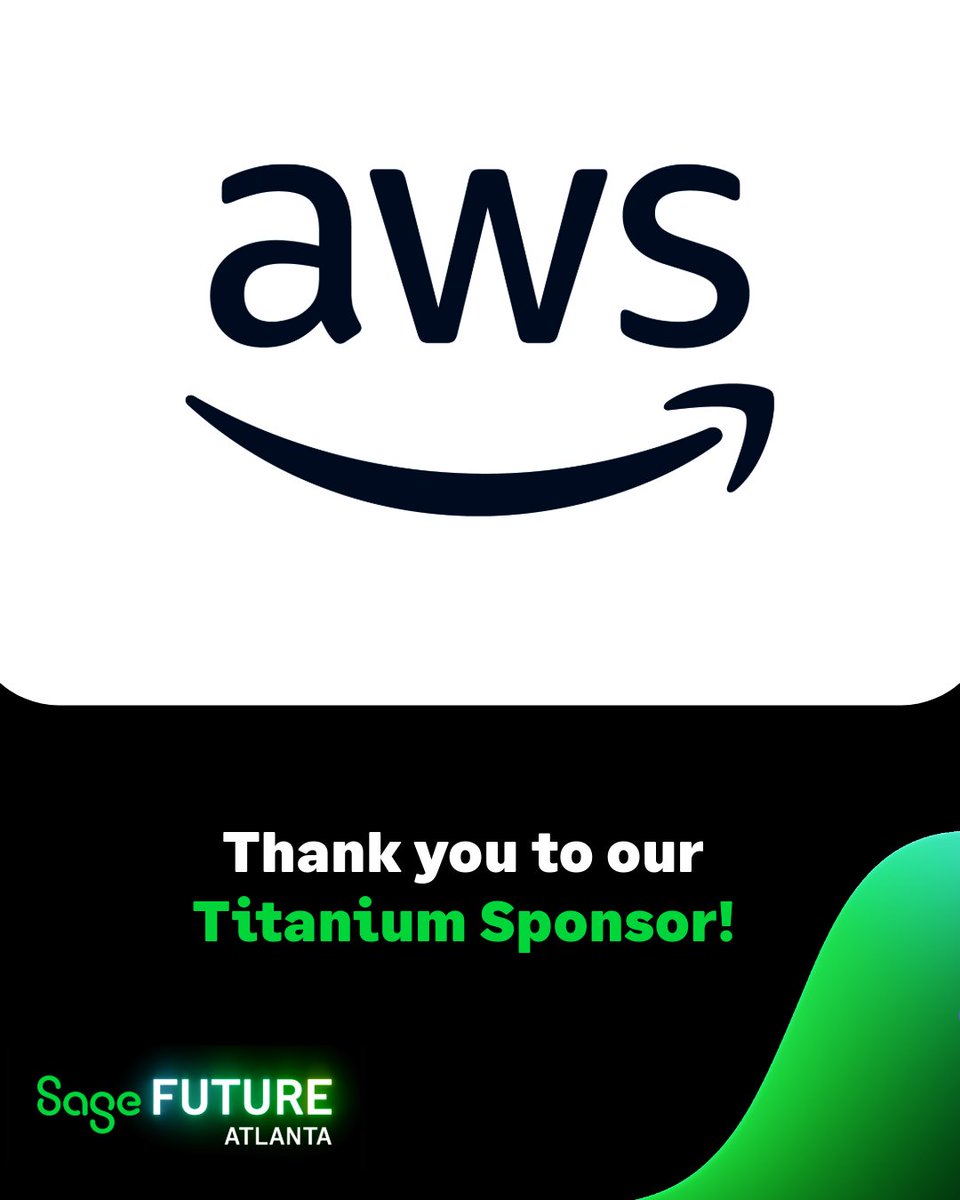 #SageFuture is right around the corner ✨
 
Thank you to our Titanium Sponsor, @AWSCloud, for making it possible. We can't wait to see you in Atlanta very soon 💚
 
Secure your spot now 👉 1sa.ge/oKG450VWbnS