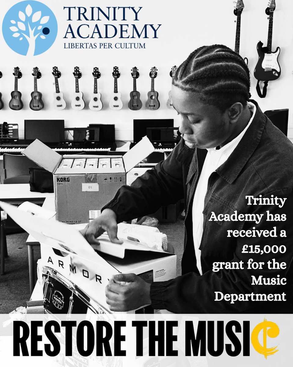 🎉 Big news! Trinity Academy has received £15,000 from @Restore_TheMusic to transform our Music Dept! 🎸🥁🎤

We’re investing in guitars, drum kits, MIDI keyboards, mics &amp; tech to give every student access to top music experiences. 🎶

#RestoreTheMusic #MusicEducation
